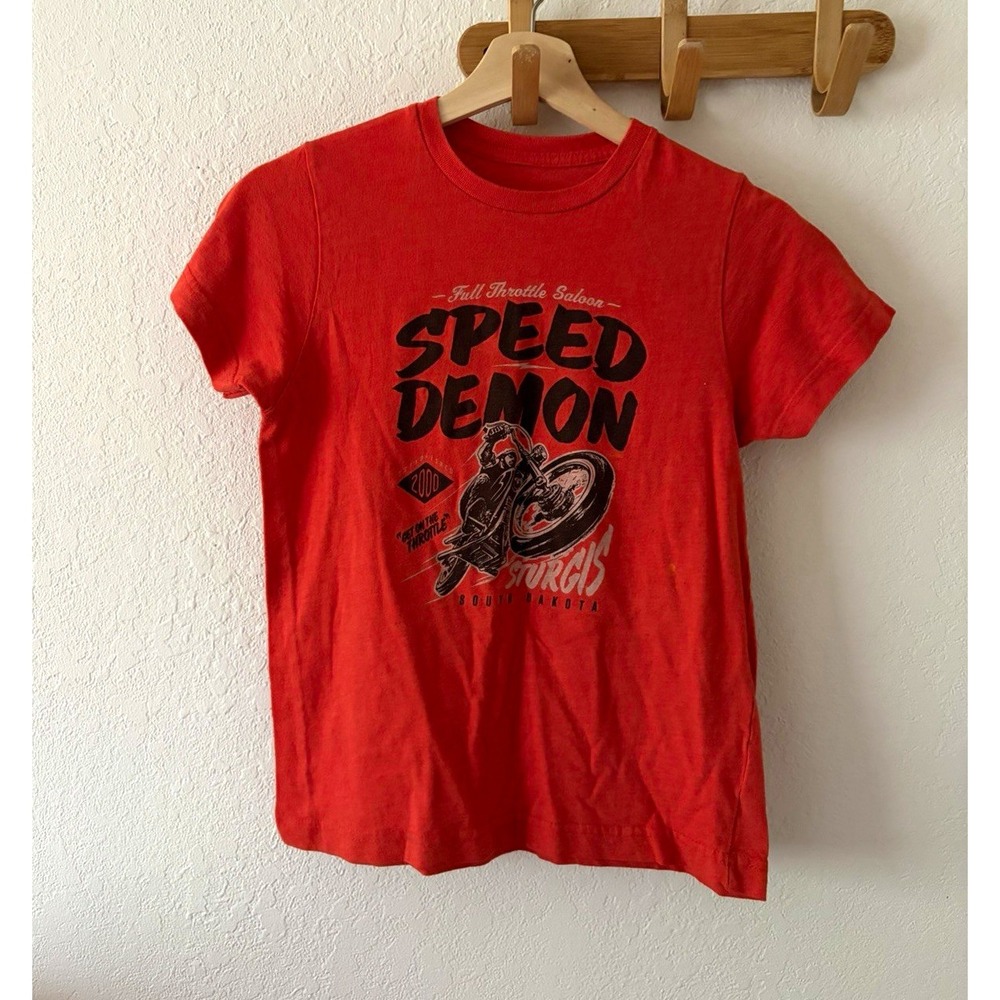Boys Red Speed Demon Motorcycle Graphic Print T-Shirt Size 8 Crew Neck